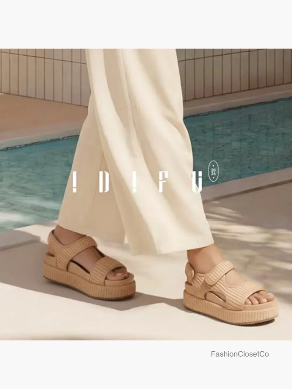 Platform Sandals with Raffia Woven Straps, Hook & Loop Closure, Chunky Sole,
